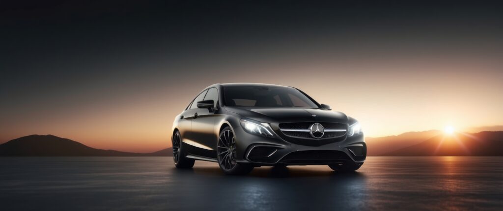 black-mercedesbenz-sedan-parked-against-sunset-landscape